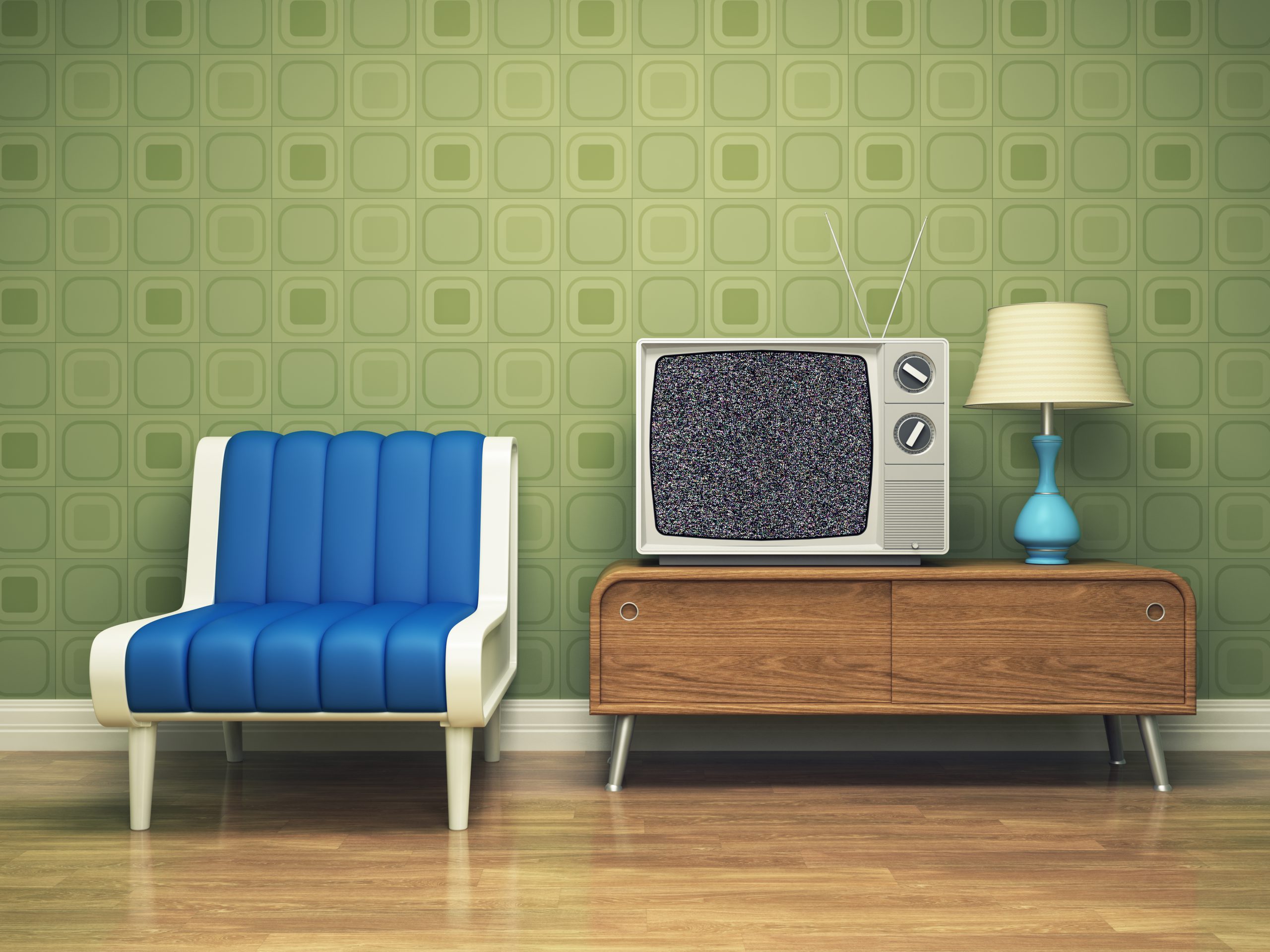 Geometrical motif wallpaper and in TV stand solid walnut