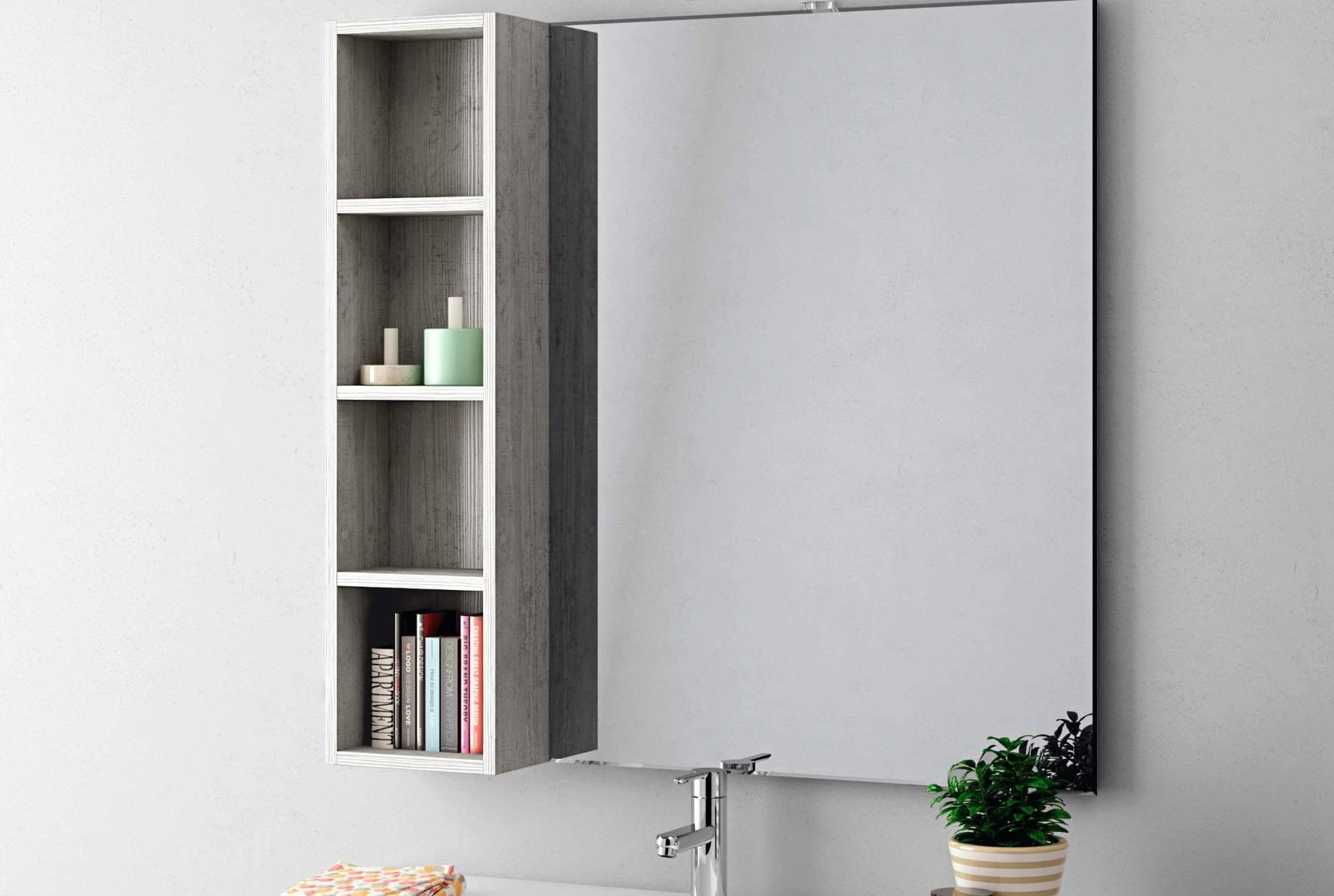 bathroom mirror and wall unit with wood-effect open compartments duetto 9-3