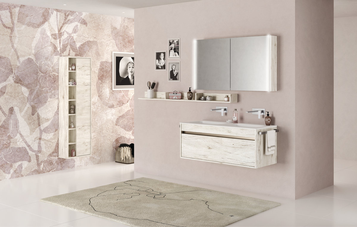 Badezimmer-Waschtisch mit Doppelwaschbecken, Ablage und Spiegel duetto02