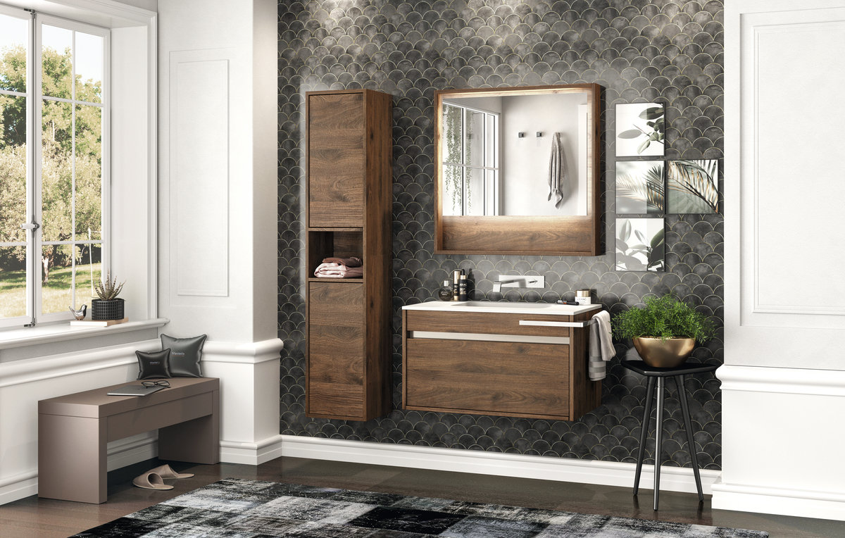 modern bathroom furniture walnut effect cabinet mirror duetto05