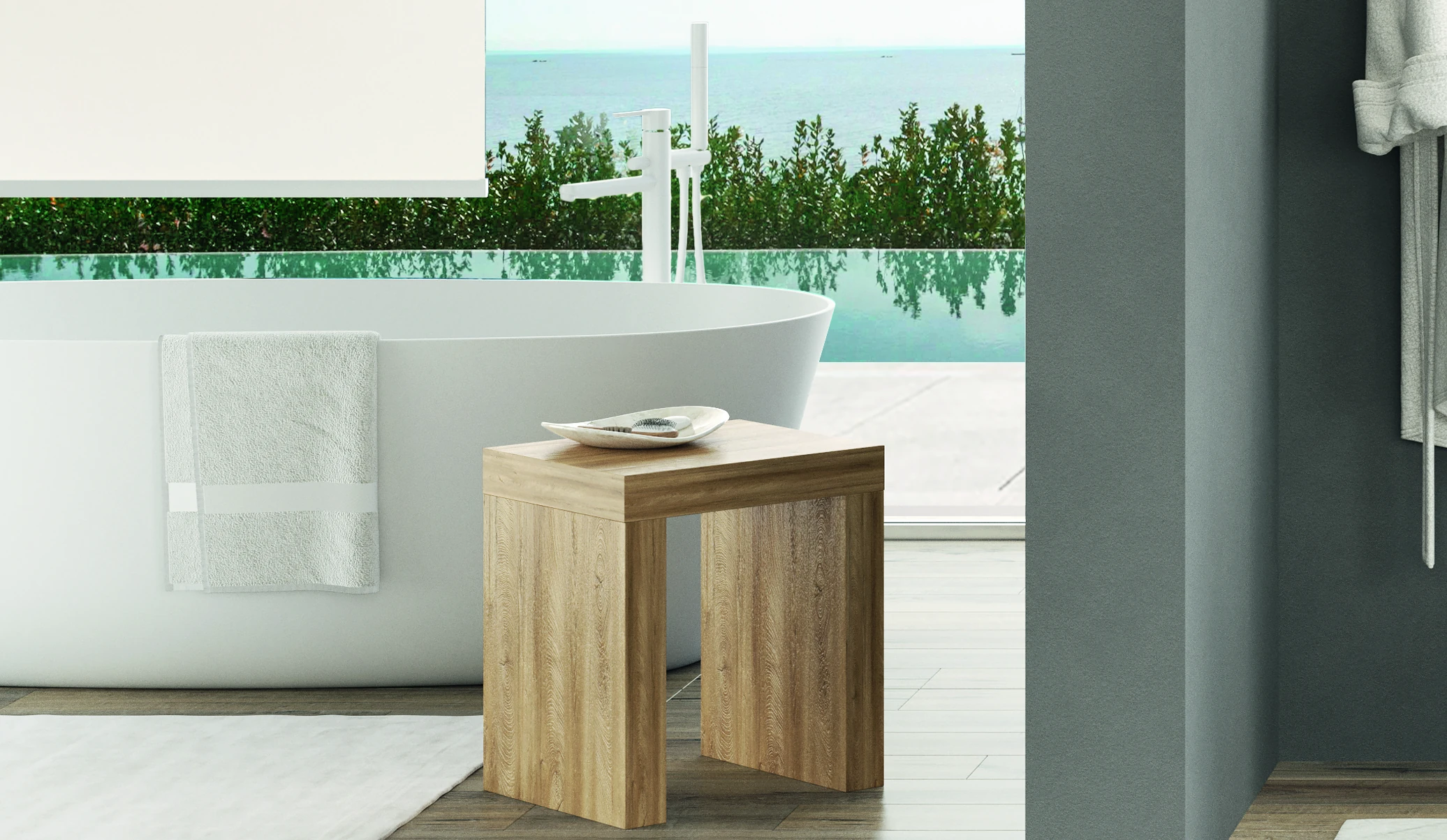white resin bathtub wood finish stool duetto11-5