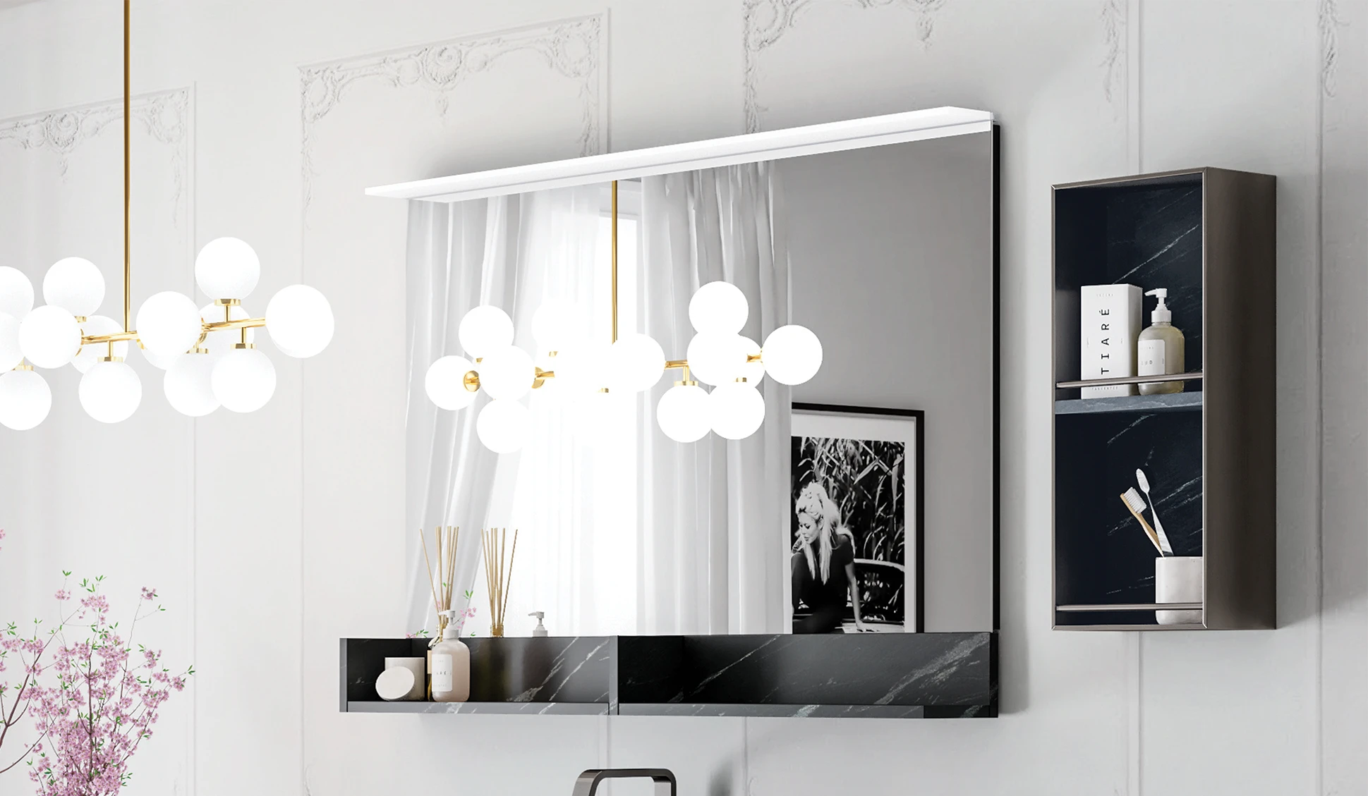 specchiera con lampada led e mensola finitura effetto marmo nero smart04-1